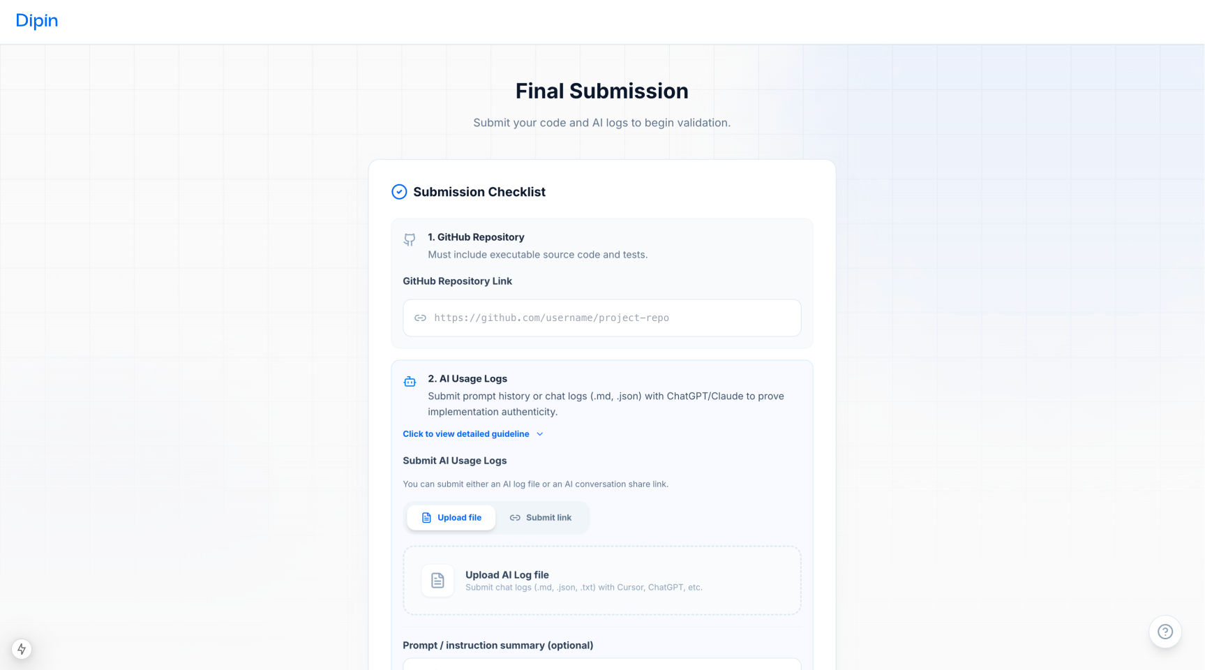 Dipin challenge submission screen